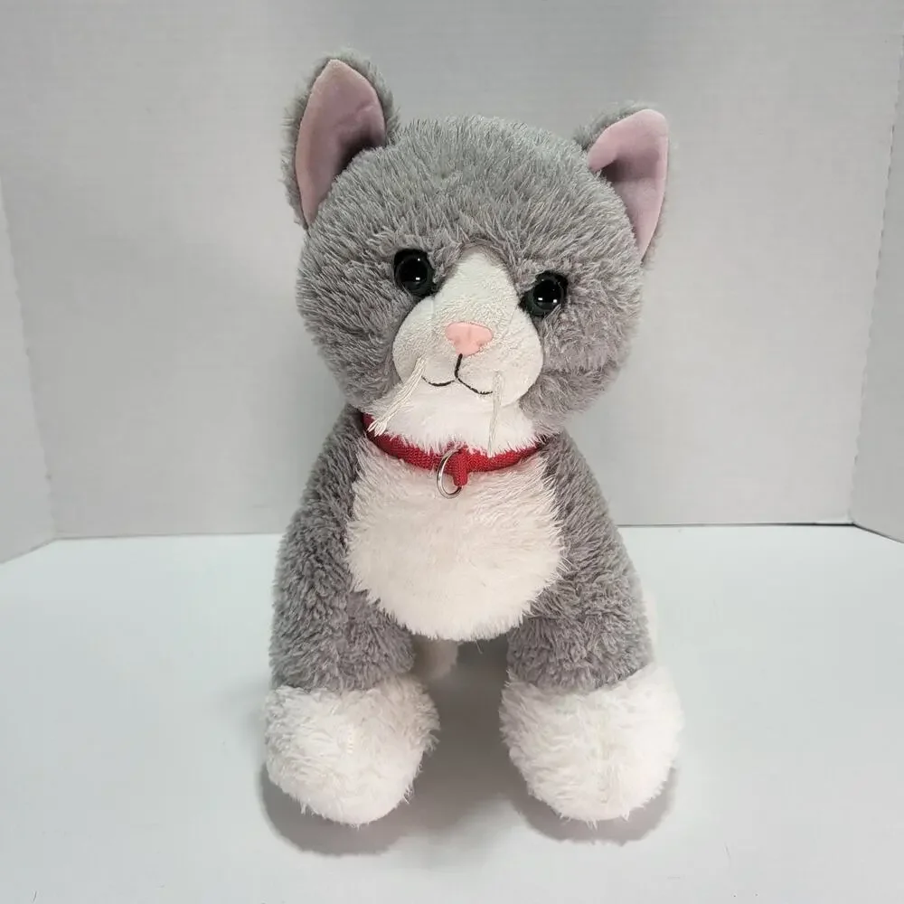 Build A Bear Promise Pets Gray White‎ Kitty Cat Plush Red Collar Green Eyes
